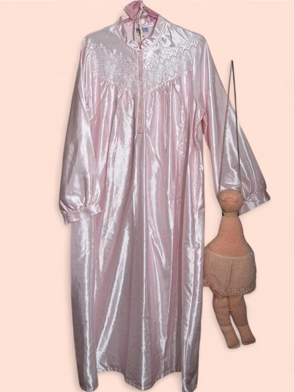 Vintage Pink Satin Long Nightgown - Soft Pink Women's Nighty